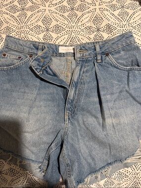 Topshop Light Blue High-Rise Pleated Denim Shorts